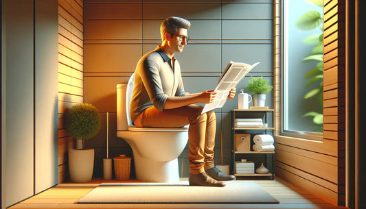 man reading newspaper on toilet