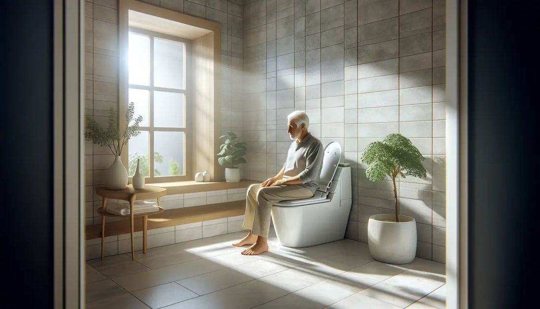 modern bathroom with elderly man sitting on bidet
