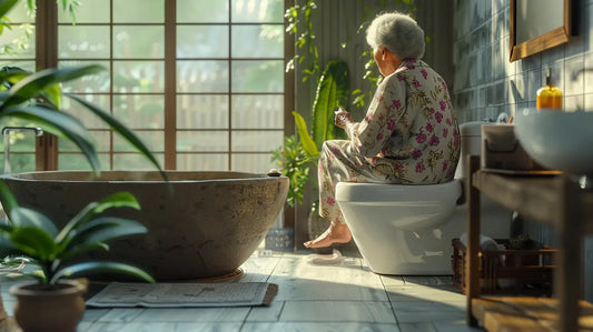 elderly asian woman looking out of window bathroom