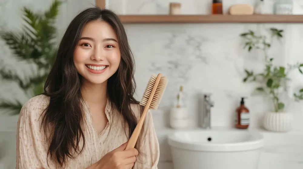 asian woman holding toilet brush