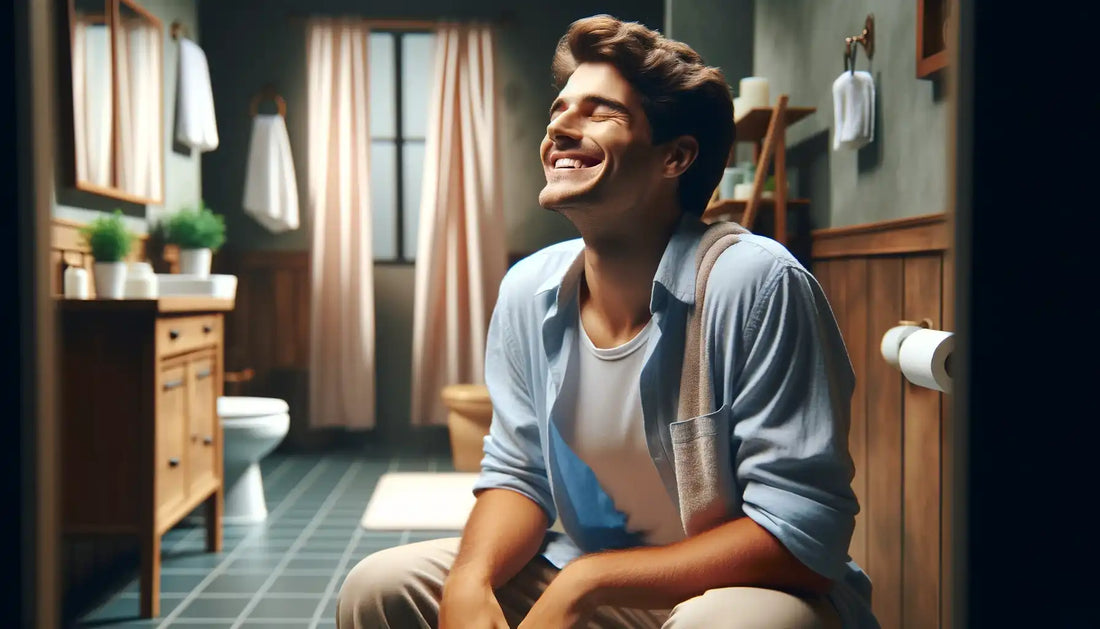 delighted man relieved of constipation