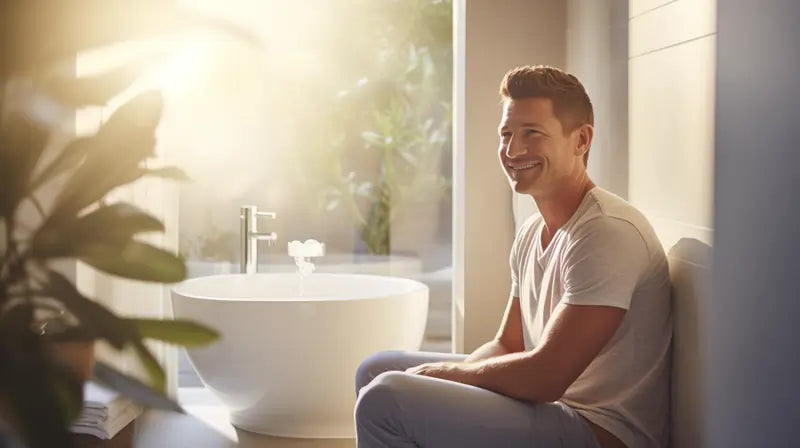 well lit bathroom with focus on man