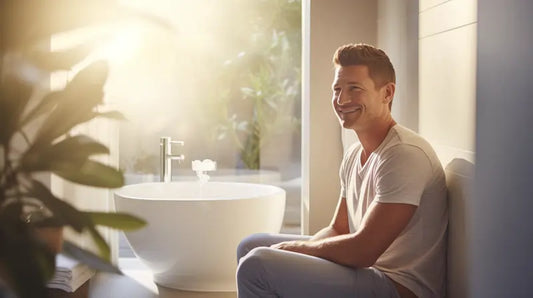 well lit bathroom with focus on man