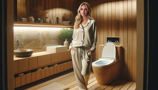 women in pajamas standing in wooden bathroom