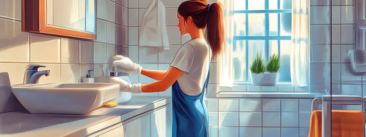 young woman cleaning bathroom